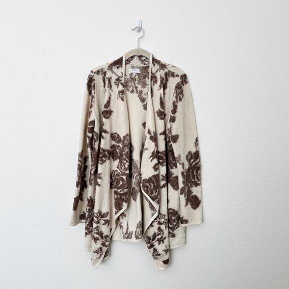 [Lucky Brand] Tan Brown Floral Print Open Front Draped Cardigan Sweater Sz Small - Picture 2 of 11